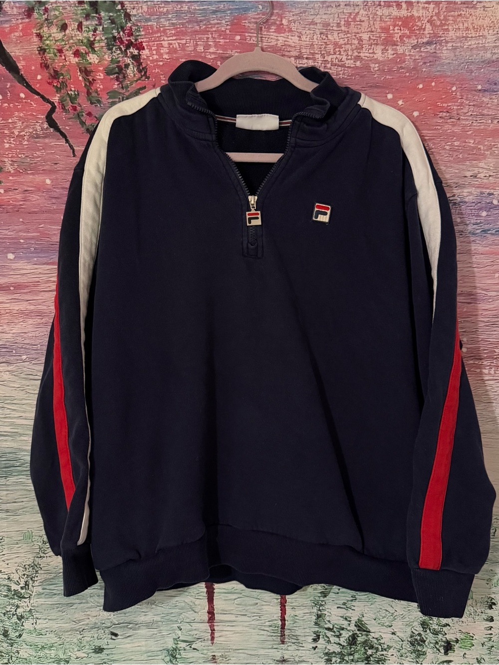 Fila Women's Navy V-Neck Pullover Sweater with White & Red Stripe Detail